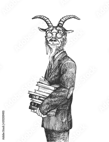 Smart goat with books portrait