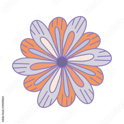 Vector violet flower. Cartoon botanical design element. Funny abstract ornament of plants. Graphic line sketch drawing with color. Flower and multi-colored petals. Summer apparel design for textiles