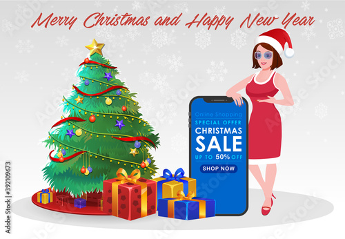 Christmas Santa Girl Character with Christmas Gifts, Christmas tree and explainer animation poses. Character set with poses, Girl with mobile showing online sale offer.