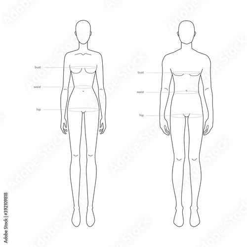Men and women standard body parts terminology measurements Illustration for clothes and accessories production fashion 9 head male and female size chart. Human body infographic template