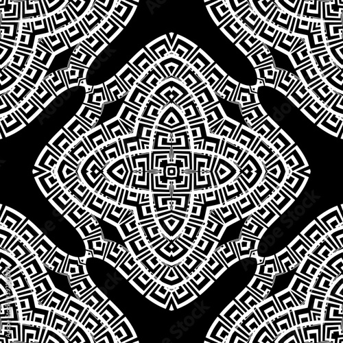 Greek black and white floral seamless pattern. Ornamental vector background. Geometric abstract repeat backdrop. Beautiful ethnic ornament with greek key, meanders, frames, shapes, flowers, curves