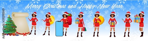 Christmas Santa Girl Character with Christmas Gifts, Christmas tree and explainer animation poses. Character set with poses