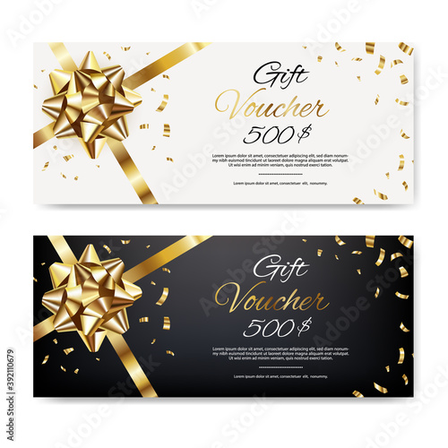 Gift Vouchers with golden bow and confetti. Design template coupon, invitation, certificate, flyer, ticket. Vector illustration.