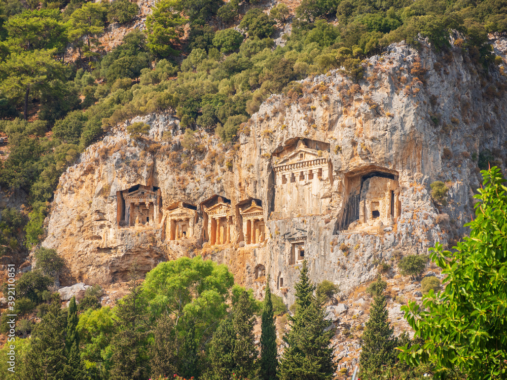 view to antique tombs in rock above green forest in Turkey