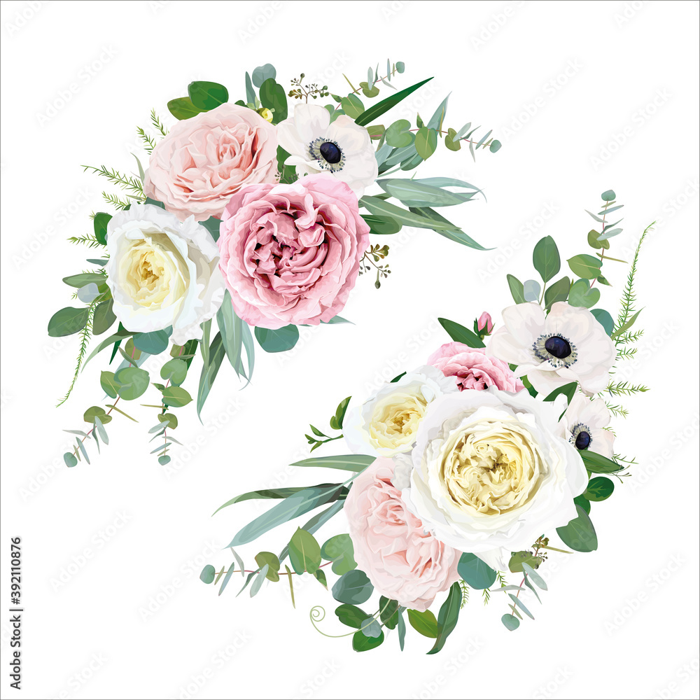 Tender vector floral bouquet design. Blush peach, mauve, pale pink, cream  cabbage Rose, ivory white anemone flowers, Eucalyptus greenery leaves &  fern delicate, editable, isolated designer element set Stock Vector | Adobe
