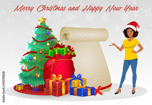 Christmas Santa Girl Character with Christmas Gifts, Christmas tree and explainer animation poses. Character set with poses, Girl with mobile showing online sale offer.