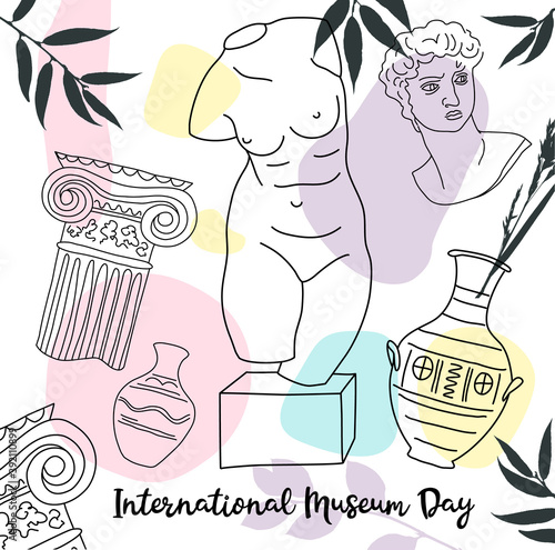 International Museum Day. Vector illustration in trend line art for museum. Oneline style with geometric shape in paster colors.