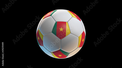 Soccer ball with the flag of Cameroon on black background. 3D Rendering
