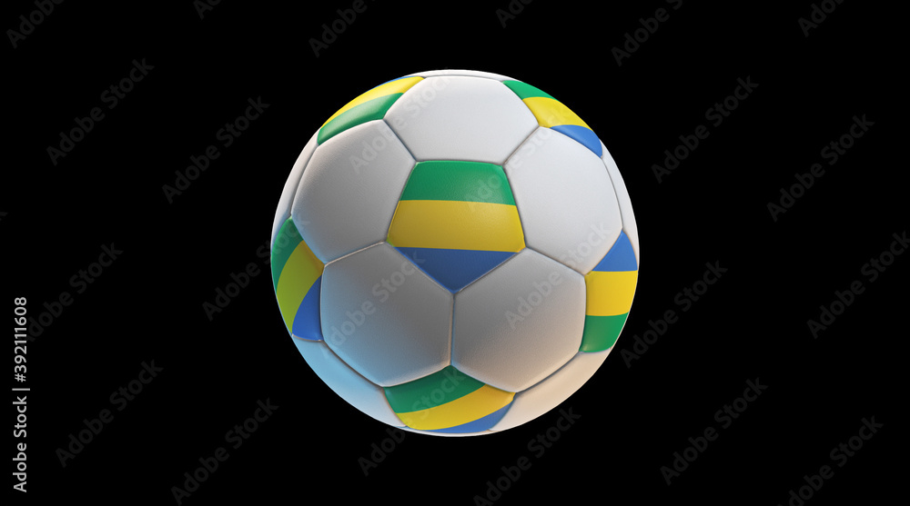 Soccer ball with the flag of Gabon on black background. 3D Rendering