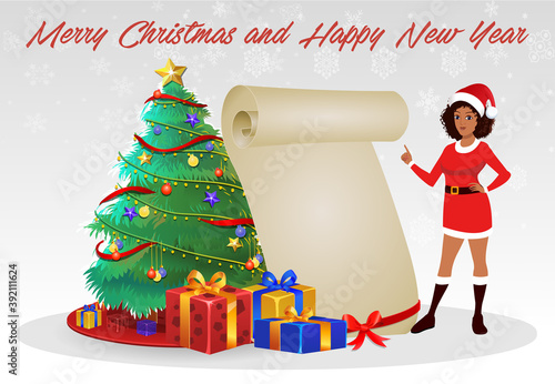 Christmas Santa Girl Character with Christmas Gifts, Christmas tree and explainer animation poses. Character set with poses