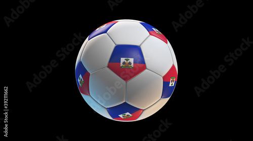 Soccer ball with the flag of Haiti on black background. 3D Rendering