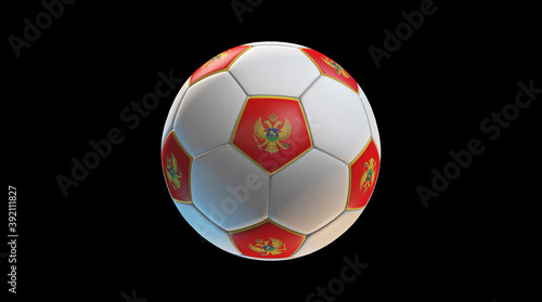 Soccer ball with the flag of Montenegro on black background. 3D Rendering