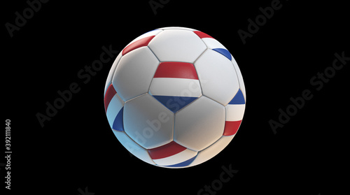 Soccer ball with the flag of Netherlands on black background. 3D Rendering