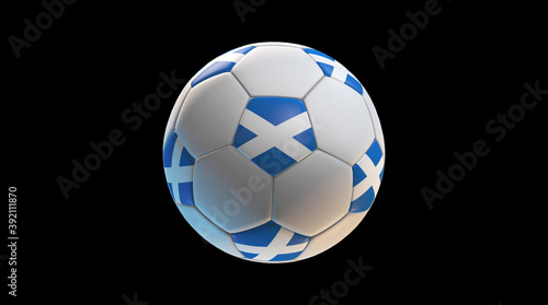 Soccer ball with the flag of Scotland on black background. 3D Rendering
