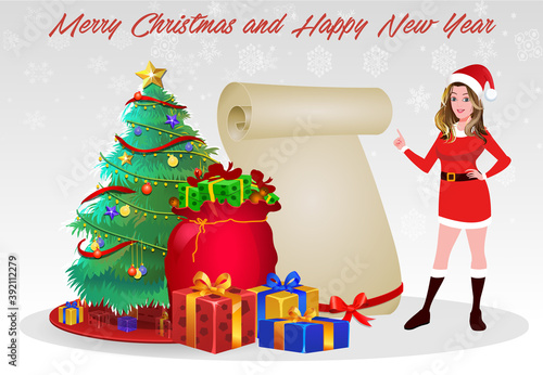 Christmas Santa Girl Character with Christmas Gifts, Christmas tree and explainer animation poses. Character set with poses