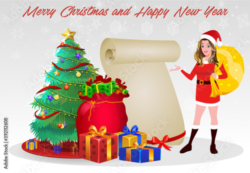 Christmas Santa Girl Character with Christmas Gifts, Christmas tree and explainer animation poses. Character set with poses