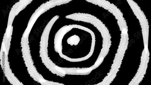 Phychedelic animation of white brush stroke circles growing bigger on black background. Stop motion effect. Seamless loop.  photo