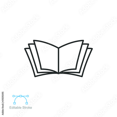 Open book outline icon. E-book, cover digital magazine, dictionary, science novel. simple pictogram for bookstore, library logo Editable stroke. vector illustration. Design on white background. EPS 10
