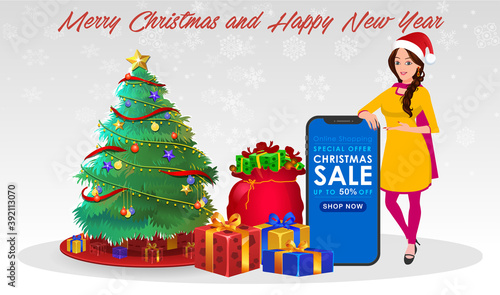 Christmas Santa Girl Character with Christmas Gifts, Christmas tree and explainer animation poses. Character set with poses, Girl with mobile showing online sale offer.