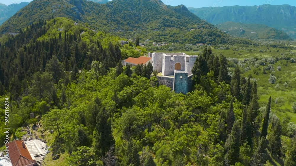 Virpazar, Montenegro. Aerial view of the old town, surrounded by picturesque mountains Virpazar, Montenegro. Aerial view of the old town, surrounded by picturesque mountains