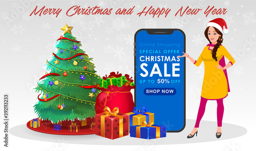 Christmas Santa Girl Character with Christmas Gifts, Christmas tree and explainer animation poses. Character set with poses, Girl with mobile showing online sale offer.