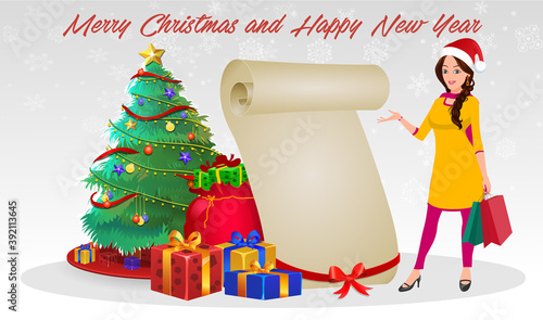 Christmas Santa Girl Character with Christmas Gifts, Christmas tree and explainer animation poses. Character set with poses, Indian Girl with traditional dress.