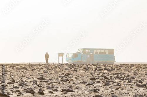a man and his truck in the fog