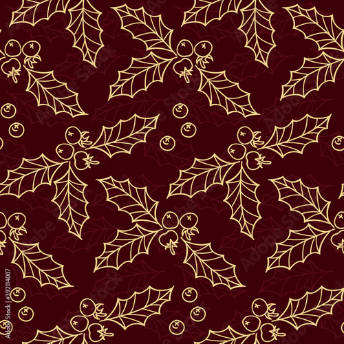 Christmas seamless pattern with gold poinsettia. Vector texture on a dark red background. For winter design, packaging paper, textiles.