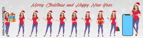 Christmas Santa Girl Character with Christmas Gifts, Christmas tree and explainer animation poses. Character set with poses
