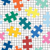 Puzzle pieces seamless vector background on a grid. Repeating pattern for fabric, kids wear, childrens decor.