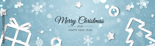 Christmas banner. Background Xmas objects viewed from above. BackgroundMerry Christmas and happy New Year