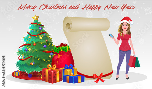 Christmas Santa Girl Character with Christmas Gifts, Christmas tree and explainer animation poses. Character set with poses