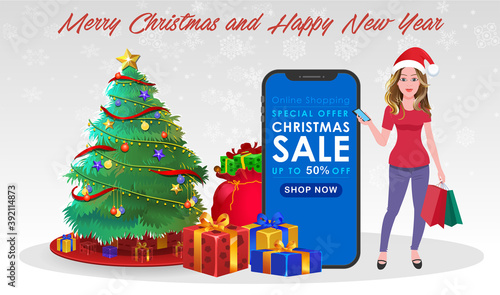 Christmas Santa Girl Character with Christmas Gifts, Christmas tree and explainer animation poses. Character set with poses, Girl with mobile showing online sale offer.