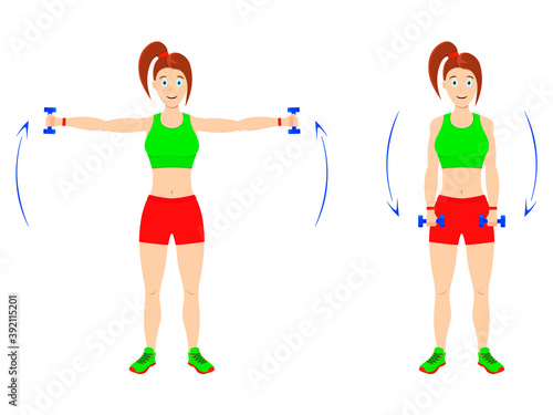 Exercise at home. Young curvy girl doing exercises with dumbbells for arm muscles.