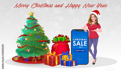 Christmas Santa Girl Character with Christmas Gifts, Christmas tree and explainer animation poses. Character set with poses, Girl with mobile showing online sale offer.