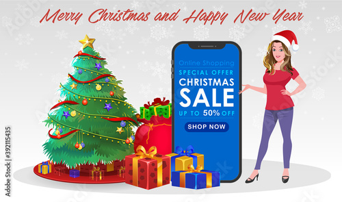 Christmas Santa Girl Character with Christmas Gifts, Christmas tree and explainer animation poses. Character set with poses, Girl with mobile showing online sale offer.
