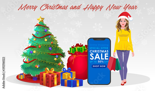 Christmas Santa Girl Character with Christmas Gifts, Christmas tree and explainer animation poses. Character set with poses, Girl with mobile showing online sale offer.