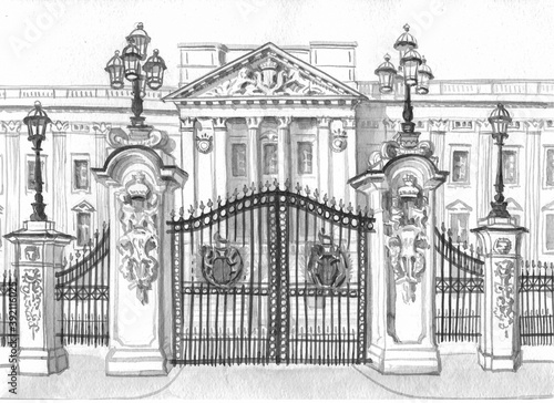 фотография The gate and part of the facade of Buckingham Palace in London are painted in black watercolor on white paper for tourist design