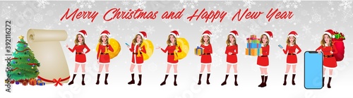 Christmas Santa Girl Character with Christmas Gifts, Christmas tree and explainer animation poses. Character set with poses