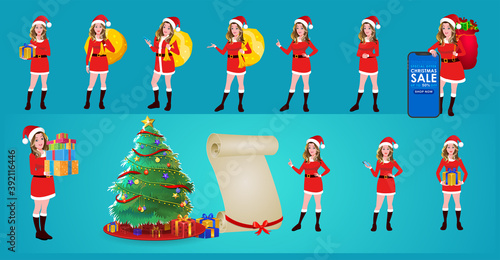 Christmas Santa Girl Character with Christmas Gifts, Christmas tree and explainer animation poses. Character set with poses, Girl with mobile showing online sale offer.