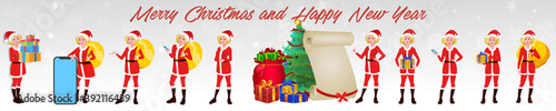 Christmas Santa Girl Character with Christmas Gifts, Christmas tree and explainer animation poses. Character set with poses