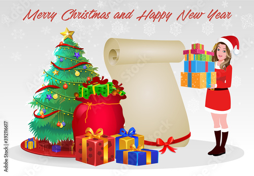 Christmas Santa Girl Character with Christmas Gifts, Christmas tree and explainer animation poses. Character set with poses, Girl with mobile showing online sale offer.