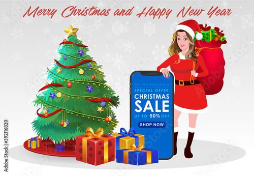Christmas Santa Girl Character with Christmas Gifts, Christmas tree and explainer animation poses. Character set with poses, Girl with mobile showing online sale offer.