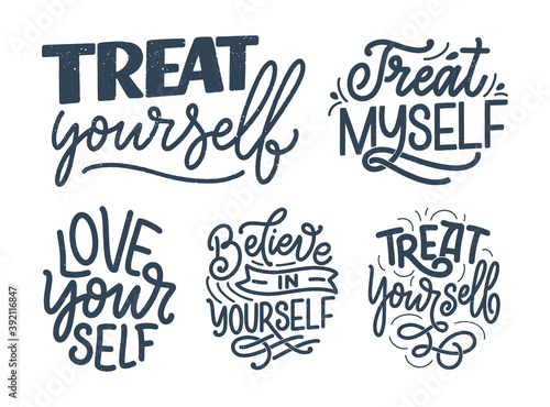Set with selfcare lettering quotes for blog or sale. Time to something nice. Beauty, body care, premium cosmetics, delicious, ego. Modern calligraphy. Vector design prints