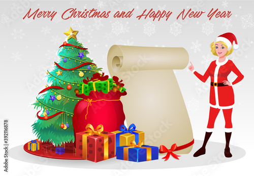 Christmas Santa Girl Character with Christmas Gifts, Christmas tree and explainer animation poses. Character set with poses