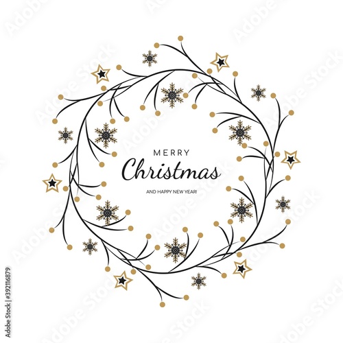 New Year and Merry Christmas wreath with black and golden color decor elements. Postcard announcement invitation poster. Winter garland isolated on white background. Vector illustration.  