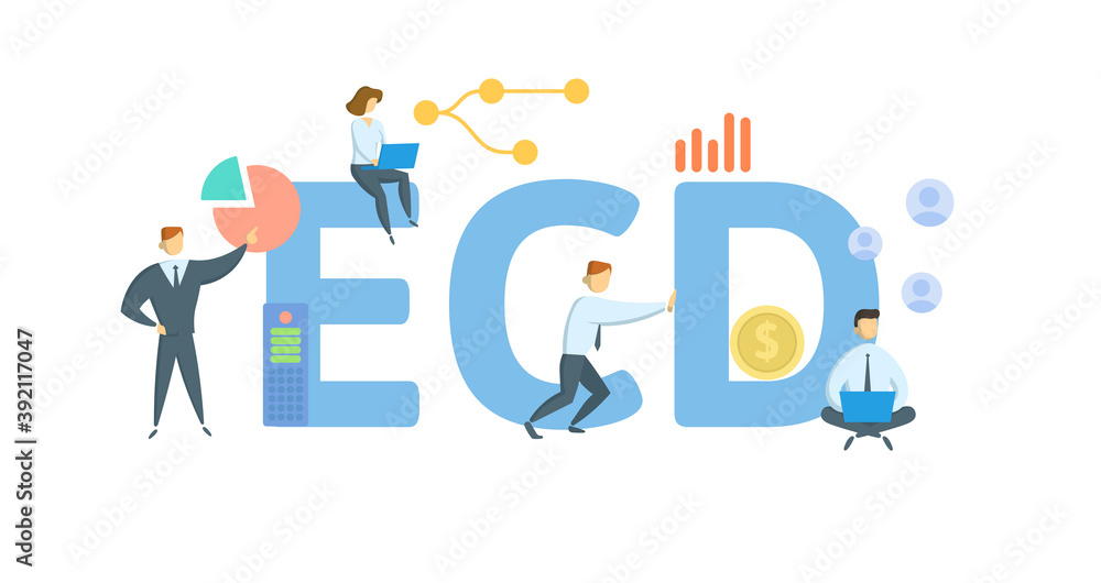 ECD, Estimated Completion Date. Concept with keywords, people and icons. Flat vector illustration. Isolated on white background.