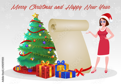 Christmas Santa Girl Character with Christmas Gifts, Christmas tree and explainer animation poses. Character set with poses, Girl with mobile showing online sale offer.