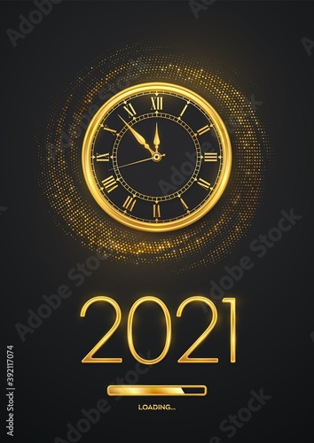 Happy New Year 2021. Golden metallic numbers 2021, gold watch with Roman numeral and countdown midnight with loading bar on shimmering background. Bursting backdrop with glitters. Vector illustration.