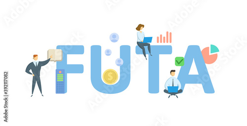FUTA, Federal Unemployment Tax Act. Concept with keywords, people and icons. Flat vector illustration. Isolated on white background.